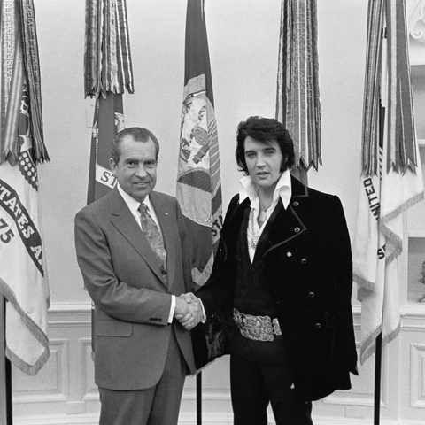President Richard Nixon, who declared a U.S. 'war on drugs,' meets with Elvis Presley in 1970. In a handwritten letter, the singer asked to be appointed as a 'Federal Agent at Large' in the drugs battle.
