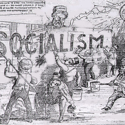 Marxist ideology: in this 1896 cartoon, labor says that socialism is inevitable in spite of the whitewashing efforts of capitalists, politicians, and the "capitalist press."
