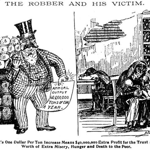 This 1896 political cartoon depicts the coal trust as a wealthy man in a top hat stealing money from an impoverished mother. Speech maligning rich corporations was robust at the turn of the century.