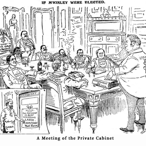 "If McKinley Were Elected": Mark Hanna runs a cabinet meeting on labor with business executives while a labor representative knocks at the door.