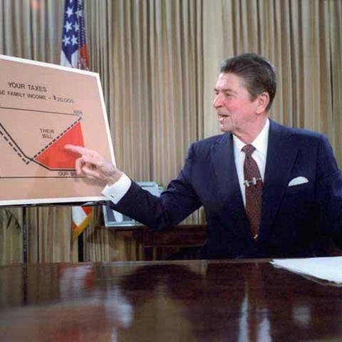 Reagan gives a televised address outlining his plans for tax reduction in 1981