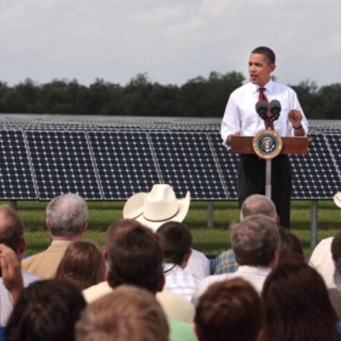President Barack Obama talks at the DeSoto Next Generation Solar Energy Center in October 2009.