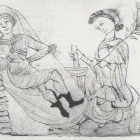 Drawing from a 13th-century manuscript depicting a pregnant woman in repose, while another holds some pennyroyal in one hand and prepares a concoction using a mortar and pestle with the other. Pennyroyal was historically used as an herbal abortifacient.