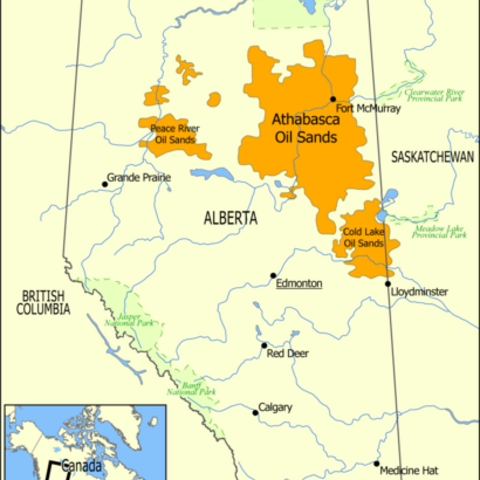 This map shows the extent of the oil sands in Alberta, Canada. The three oil sand deposits are known as the Athabasca Oil Sands, the Cold Lake Oil Sands, and the Peace River Oil Sands.