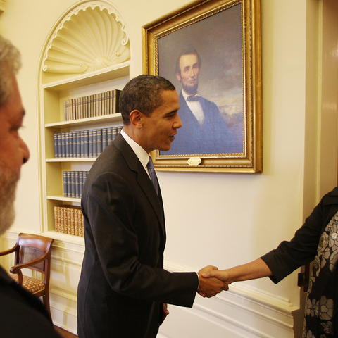 Brazil's outgoing President Luiz Inacio Lula da Silva, left, U.S. President Barack Obama, and Dilma Rousseff in 2009