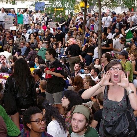 Occupy Wall Street protesters demonstrate against widespread unemployment and corporate greed in September 2011.