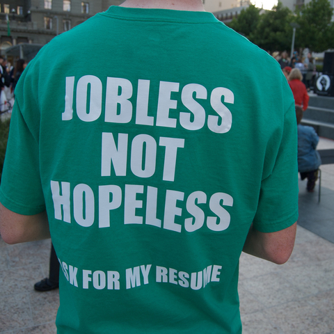 Chris Stewart, a 20-year-old who moved from South Dakota to San Francisco to find a job, advertises himself on the back of his T-shirt.