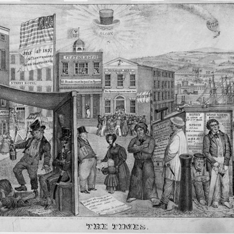 This political cartoon commented on the depressed state of the economy under Andrew Jackson in 1837. A panorama of offices, rooming houses, and shops reflects the hard times.