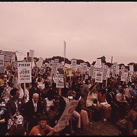 Senior citizens protest inflation, unemployment, and high taxes in Chicago in 1973.