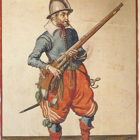 Dutch artist Jacob van Gheyn created this print of a musketeer in 1608.