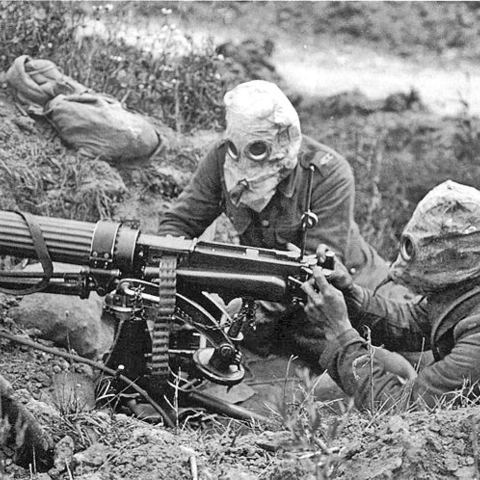 British soldiers operate a Vickers machine gun during the Battle of the Somme, July 1916.