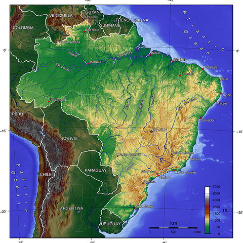 A topographic map of Brazil