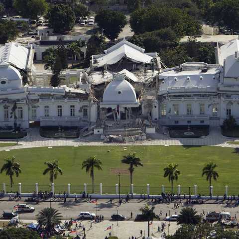 Haiti's National Palace, the president's official residence, stands in ruins following the January 12, 2010 earthquake.