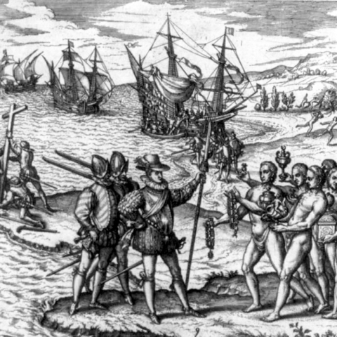 A depiction of Columbus landing in 1492 in Hispaniola, the island shared by the Dominican Republic and Haiti
