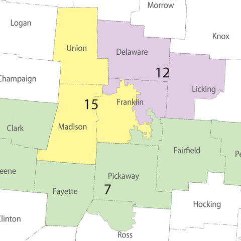 The urban (and mostly liberal) concentration of Columbus, Ohio, located at the center of the map in Franklin County, is split into thirds, each segment then attached to—and outnumbered by—largely conservative suburbs.