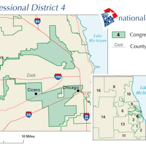 Illinois's 4th congressional district includes two Hispanic areas while remaining contiguous by narrowly tracing Interstate 294.