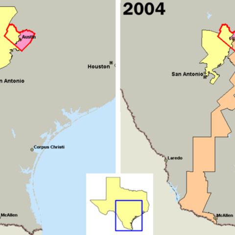 U.S. congressional districts covering Travis County, Texas (outlined in red). In 2003, the majority of Republicans in the Texas legislature redistricted the state, diluting the voting power of the heavily Democratic county by parcelling its residents out to more Republican districts.