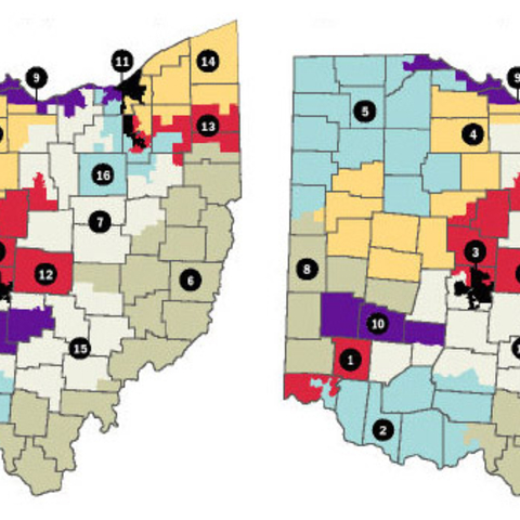 Congressional districts proposed in Ohio in September, left, and on December 14, right.