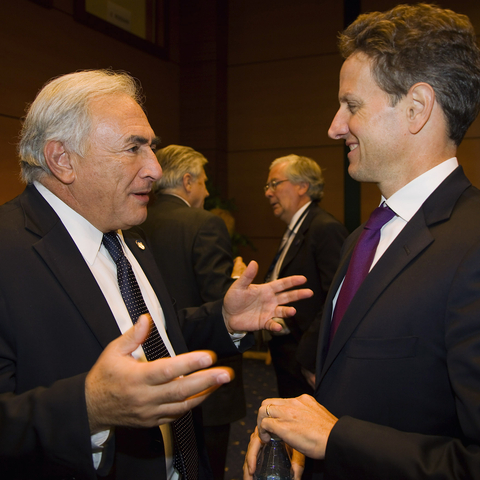 IMF Managing Director Dominique Strauss-Kahn (left) and U.S. Secretary of Treasury Tim Geithner at a 2009 G7 meeting