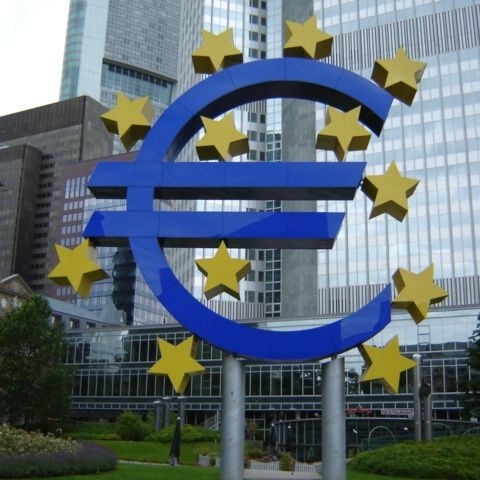 The symbol for Europe's shared currency, the Euro, in front of the European Central Bank, Frankfurt, Germany