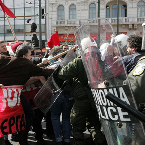 A 2010 violent protest against austerity measures in Greece, which has been unable re-inflate its economy by devaluing its currency as a member of the euro zone