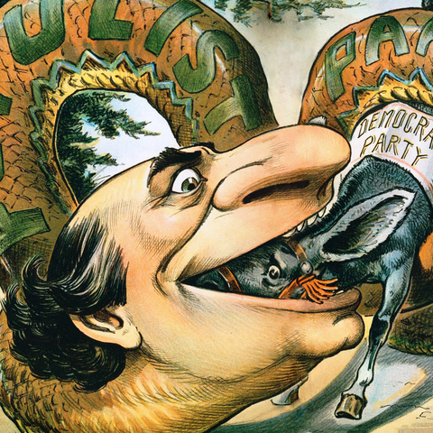 An 1896 cartoon shows William Jennings Bryan and Populism swallowing up the Democratic party.