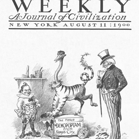 A magazine cover satirizes the populist platform of William Jennings Bryan and the Democratic Party in the 1900 Presidential election