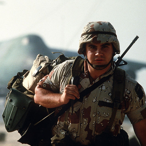 An American soldier arrives in Saudi Arabia during Operation Desert Shield in 1992