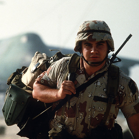 An American soldier arrives in Saudi Arabia during Operation Desert Shield in 1992