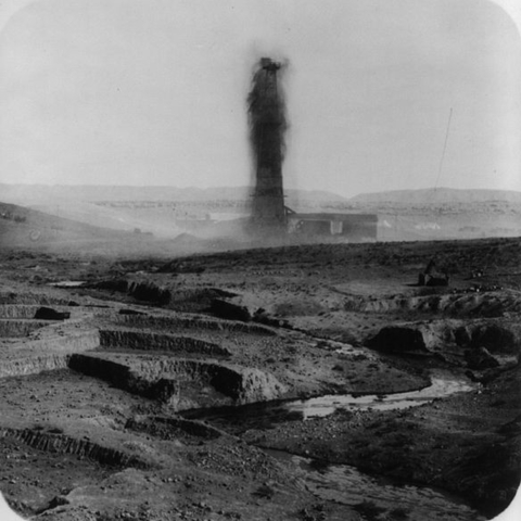 Oil spouts from the ground in the Kirkurk district of Iraq in the 1930s.
