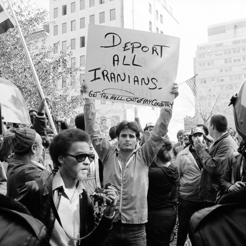 An American protests during the Iranian hostage crisis in November 1979.