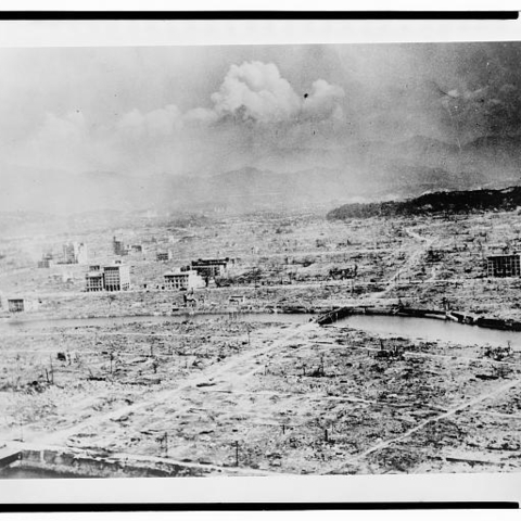 A photograph of devastation in Hiroshima following the dropping of the atomic bomb in August 1945