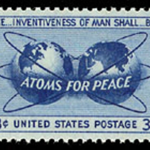 A 1955 U.S. postage stamp marking U.S. President Dwight Eisenhower's 'Atoms for Peace' program