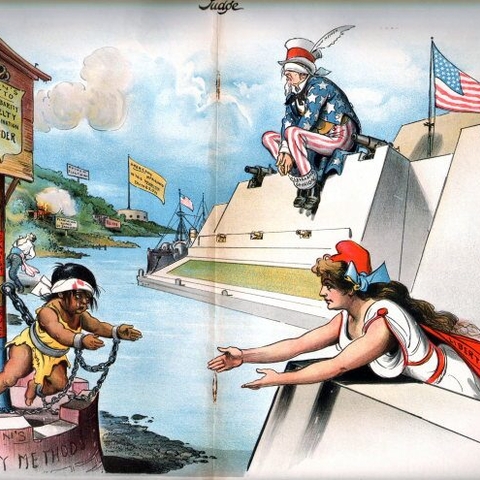 In this 1897 political cartoon about U.S. intervention in Cuba, the American people (symbolized by Columbia, with arms outstretched) offer aid to the Cubans while the U.S. government (Uncle Sam) remains blind to the Cubans' plight.