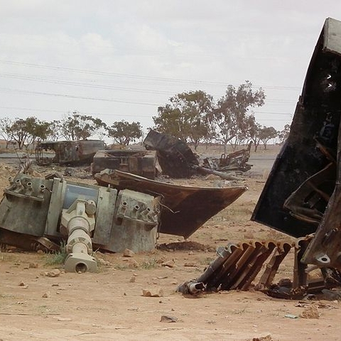Military equipment belonging to Qaddafi's forces was destroyed by French airplanes outside Benghazi in March 2011.