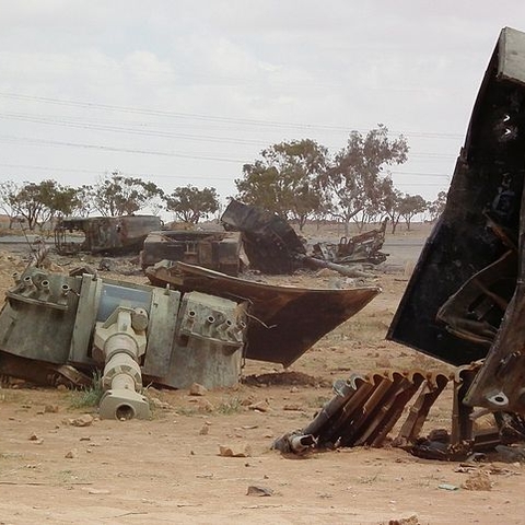 Military equipment belonging to Qaddafi's forces was destroyed by French airplanes outside Benghazi in March 2011. Military equipment belonging to Qaddafi's forces was destroyed by French airplanes outside Benghazi in March 2011.