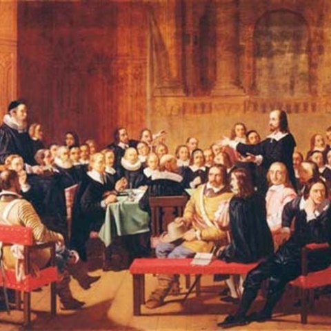 Painting of an assembly of Puritans working out an agreement on a Reformed theology