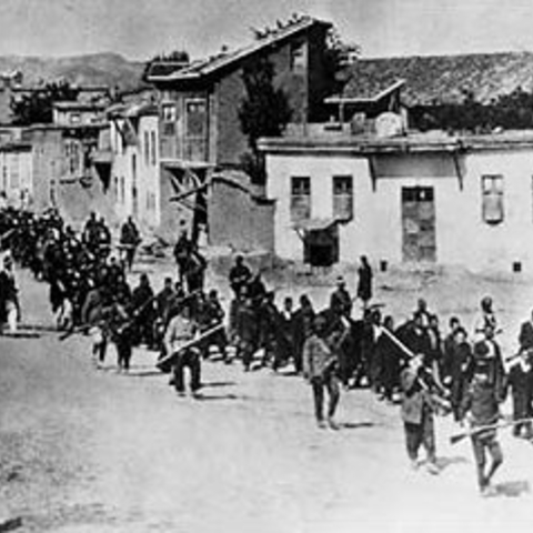 Ottoman soldiers march Armenian citizens to prison in 1915