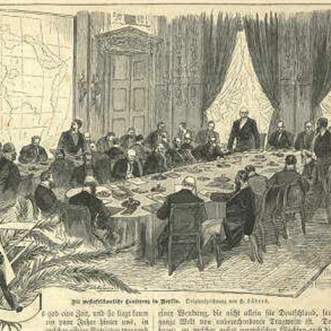 Illustration of the 1885 Berlin Conference which resulted in the partition of Africa among colonial powers