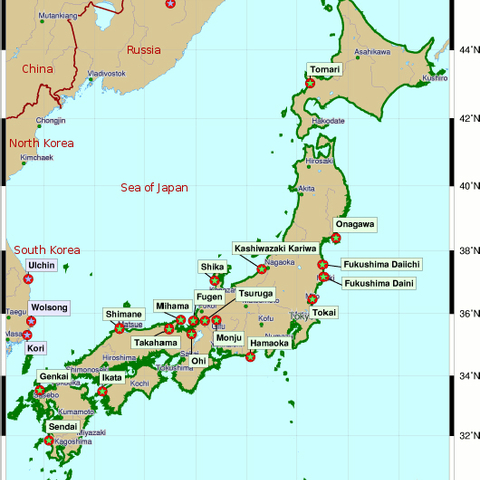 A map showing Japan's nuclear power plants