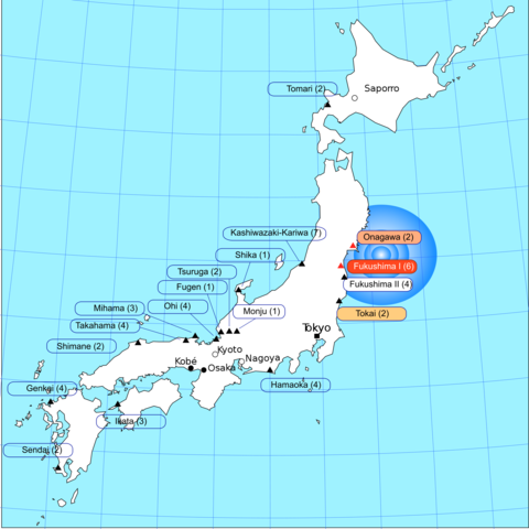 A map showing Japanese nuclear power plants and highlighting the areas most severely affected by the March 11, 2011 twin disasters