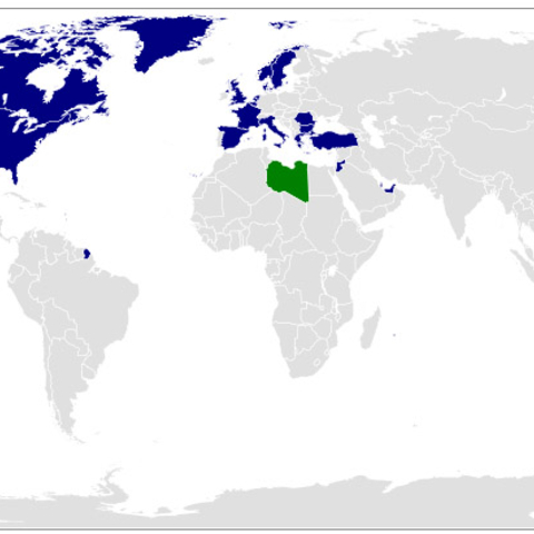 Blue-colored nations were involved in implementing the no-fly zone over Libya (colored green).
