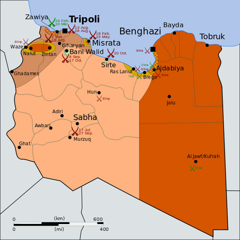 Sites and dates of major conflicts in the Libyan civil war