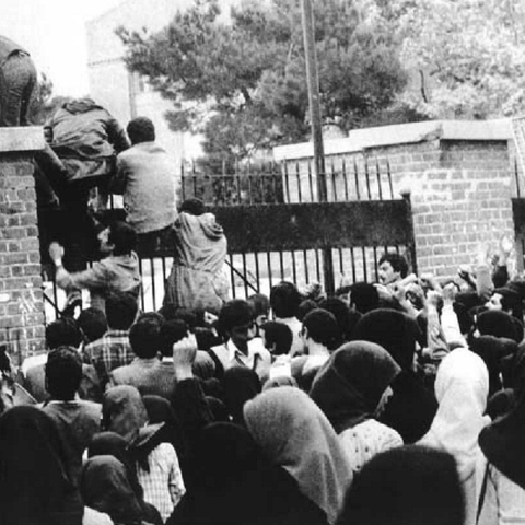 Iranian students storming the U.S. Embassy in Tehran.