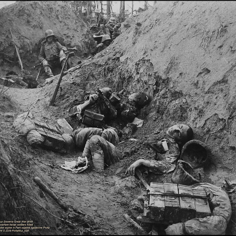Italian soldiers killed in a trench in Slovenia during World War I.