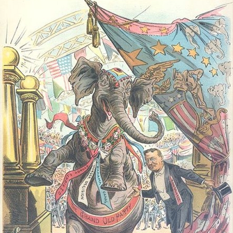 In this illustration from Judge, Theodore Roosevelt is depicted as an elephant trainer.