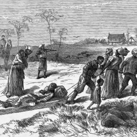 A depiction of African Americans gathering the estimated 150 killed after the Colfax Massacre in 1873.