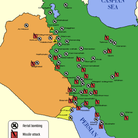 Map highlighting attacks on civilian areas during the Iran-Iraq War.
