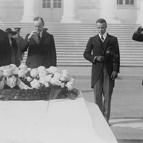 American Secretary of War John Weeks, President Calvin Coolidge, and Assistant Secretary of the Navy Theodore Roosevelt, Jr. at the Tomb of the Unknown Soldier.