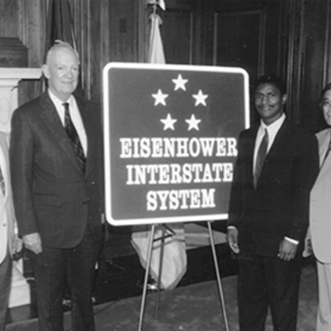 The 1993 unveiling of the road sign for the Dwight D. Eisenhower National System of Interstate and Defense Highways.